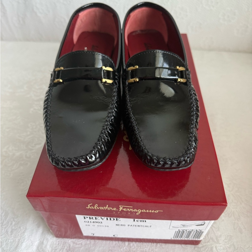 Salvatore Ferragamo Black Patent Leather Loafers with Gold Tone Hardware - Picture 6 of 9